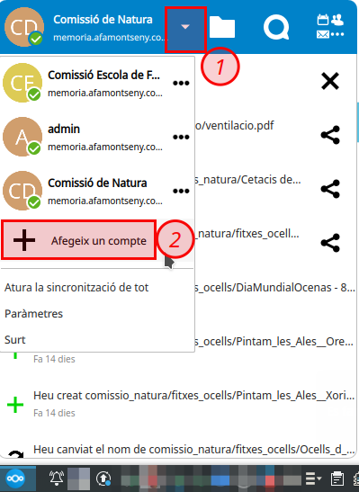 AFA Nextcloud 05 Barra Tasques Ordinador Afegir Compte Nou