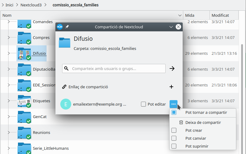 AFA Nextcloud 09 Navegador Arxius Nextcloud Compartir Amb Email Extern